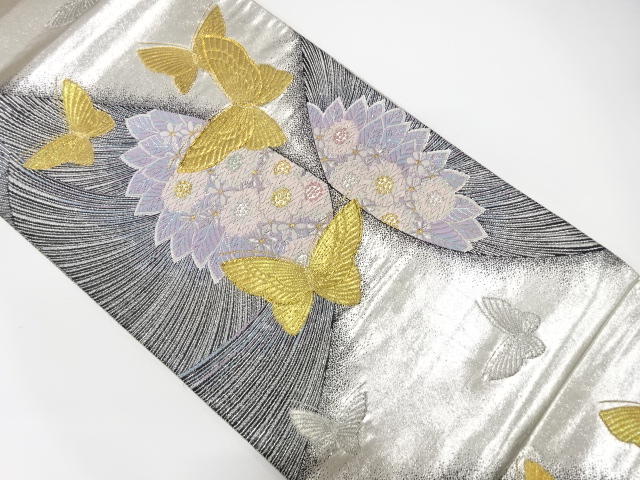 蝶に花模様織り出し袋帯